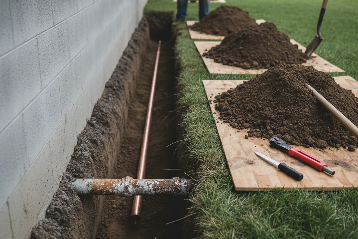 Excavated water line trench during Water Softener Installation in Minerva